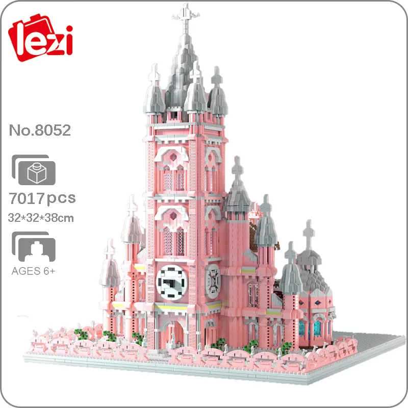 Lezi 8052 World Architecture Danang Cathedral Pink Church Clock Tower Palace Mini Diamond Blocks Bricks Building - LOZ Blocks Store