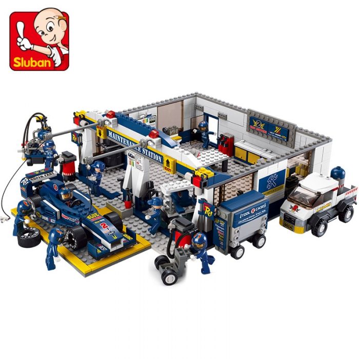 Sluban Building Block Toys Town B0356 Blue Lightning Racing Car Maintenance Station 741PCS Bricks Compatible With - LOZ Blocks Store